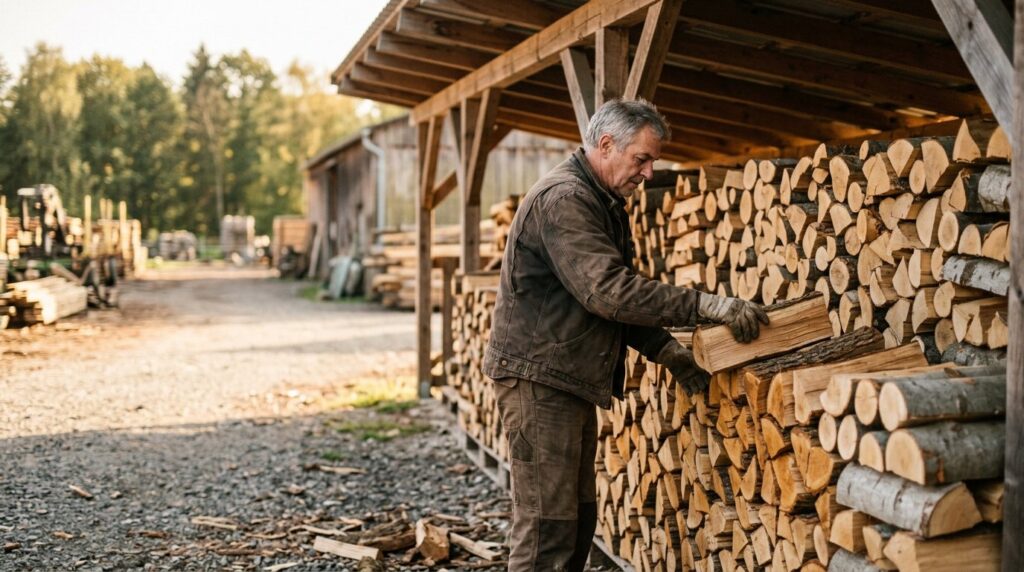 Kaminholz kaufen: gestapeltes Buchen- und Eichenholz am Lager von Kaminholz-Discount