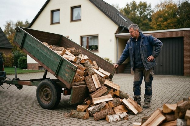 Kaminholz-Lieferung: Anhänger kippt Brennholz vor der Garage ab