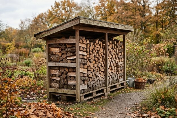 Kaminholz richtig lagern: Holzunterstand mit Kreuzstapel auf Paletten