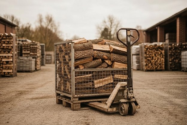 Kaminholz Preise je Schüttraummeter: Kaminholz in der Stellage auf der Palette